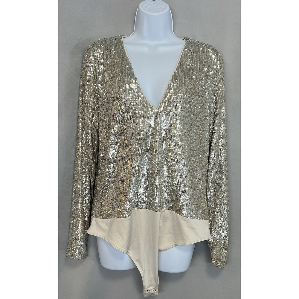 Express‎ Women's Sequin Long Sleeve Bodysuit Silver Sz XL New